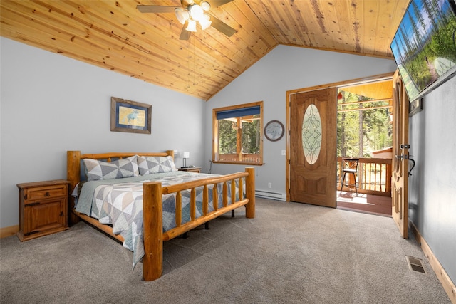 1492 Mcmannamy Draw, Kalispell, MT 59901 - carpeted bedroom with wooden ceiling, a baseboard radiator, access to outside, a ceiling fan, and high vaulted ceiling