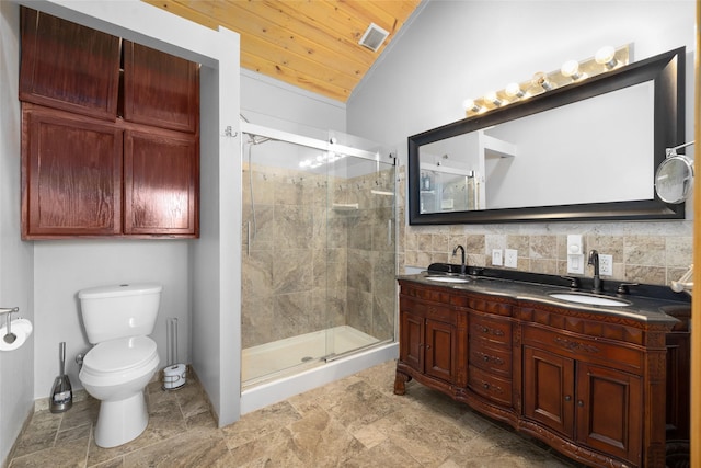 1492 Mcmannamy Draw, Kalispell, MT 59901 - bathroom with wooden ceiling, lofted ceiling, double vanity, and a stall shower