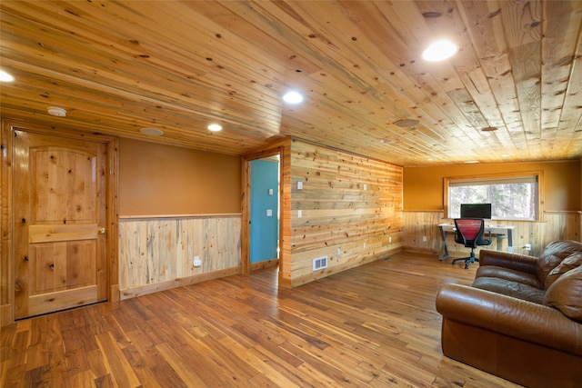 1492 Mcmannamy Draw, Kalispell, MT 59901 - living room featuring wooden walls, wood ceiling, a desk, wood-type flooring, and wainscoting