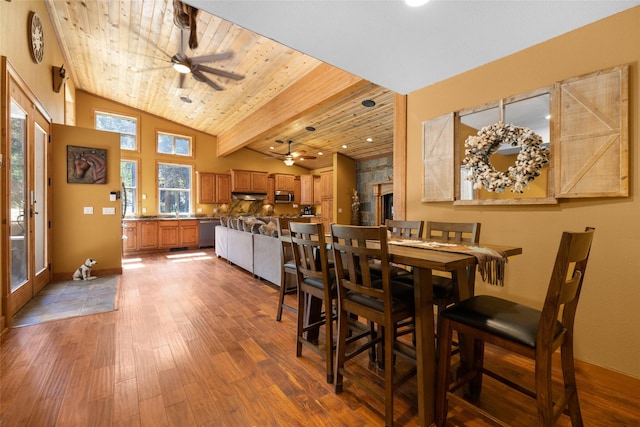 1492 Mcmannamy Draw, Kalispell, MT 59901 - dining area featuring a ceiling fan, wood finished floors, lofted ceiling, and wood ceiling
