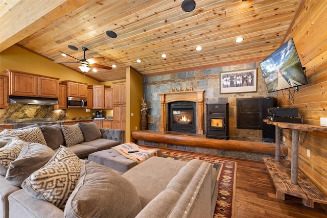 1492 Mcmannamy Draw, Kalispell, MT 59901 - living area featuring hardwood / wood-style floors, lofted ceiling, wood ceiling, ceiling fan, and recessed lighting