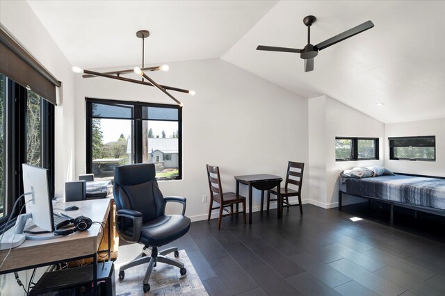 772 Denver St Unit A & B, Whitefish, MT 59937 - bedroom with vaulted ceiling, an office area, dark wood finished floors, baseboards, and a chandelier