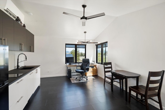 772 Denver St Unit A & B, Whitefish, MT 59937 - kitchen with dark countertops, a sink, freestanding refrigerator, modern cabinets, and baseboards