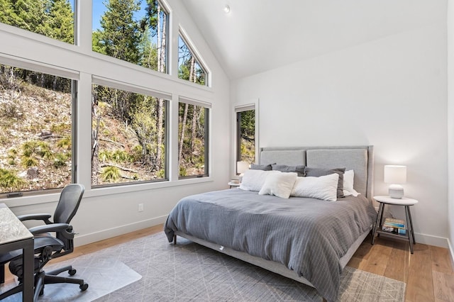 145 Elk Highlands Dr, Whitefish, MT 59937 - bedroom featuring multiple windows, high vaulted ceiling, baseboards, wood finished floors, and an office area