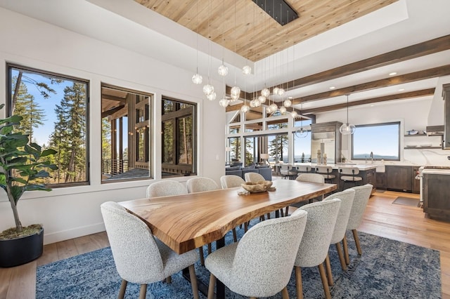 145 Elk Highlands Dr, Whitefish, MT 59937 - dining space featuring a chandelier, light wood-style floors, wooden ceiling, baseboards, and recessed lighting