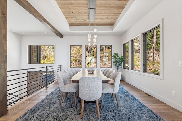 145 Elk Highlands Dr, Whitefish, MT 59937 - dining room featuring baseboards, wood ceiling, healthy amount of natural light, a chandelier, and a tray ceiling