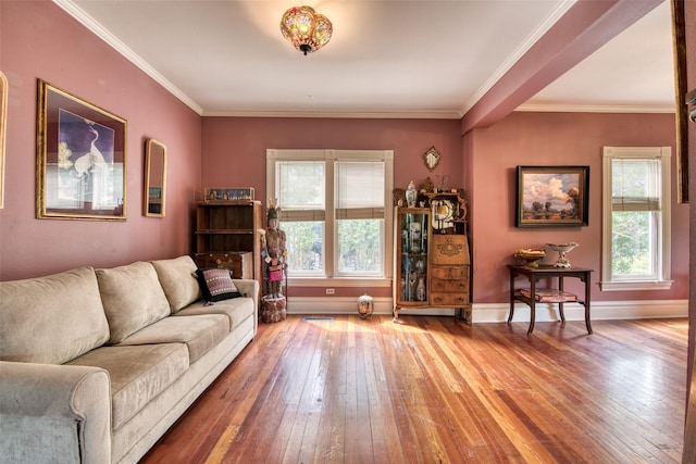 living room featuring wood-type flooring, baseboards, and ornamental molding