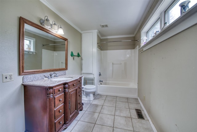 bathroom featuring toilet, tile patterned floors, vanity,  shower combination, and crown molding