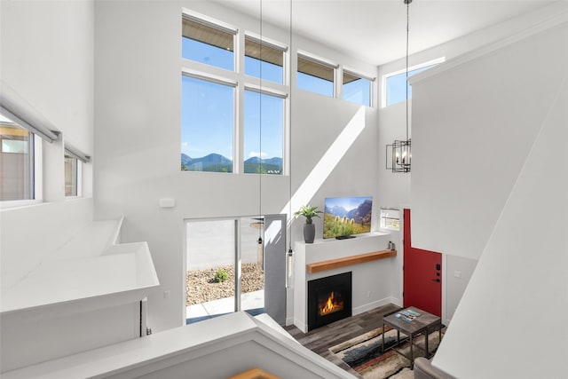 living room featuring a towering ceiling, a lit fireplace, wood finished floors, healthy amount of natural light, and baseboards