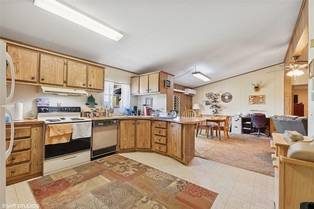 222 Lundeen Rd, Eureka, MT 59917 - kitchen with white electric range oven, dishwashing machine, range hood, a peninsula, and light countertops