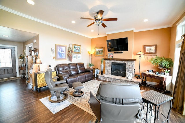 121 Choteau Ave NE, Great Falls, MT 59404 - living room featuring a ceiling fan, wood finished floors, a fireplace, recessed lighting, and ornamental molding