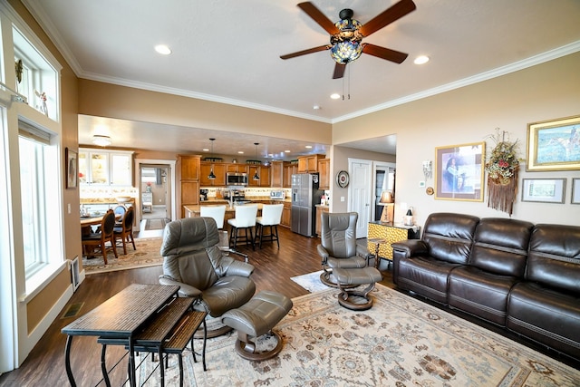 121 Choteau Ave NE, Great Falls, MT 59404 - living room featuring ceiling fan, dark wood-type flooring, ornamental molding, recessed lighting, and baseboards