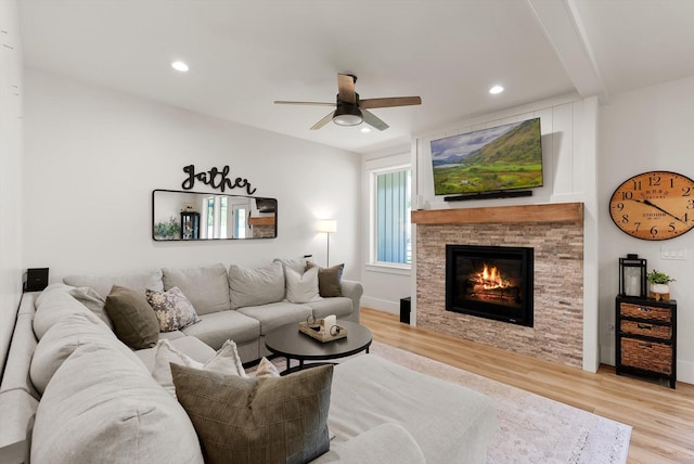 5519 Golf Dr, Lolo, MT 59847 - living room with wood finished floors, ceiling fan, a fireplace, recessed lighting, and baseboards