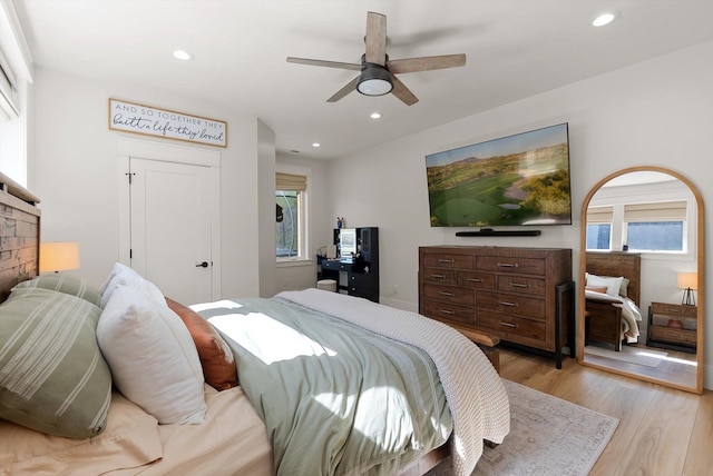 5519 Golf Dr, Lolo, MT 59847 - bedroom featuring light wood finished floors, recessed lighting, and a ceiling fan