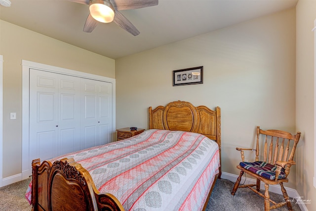 7175 Bootlegger Dr, Helena, MT 59602 - bedroom featuring dark carpet, baseboards, a closet, and a ceiling fan