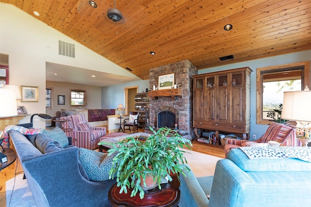 470 Salmon Way, Corvallis, MT 59828 - living area with wood finished floors, wooden ceiling, a fireplace, high vaulted ceiling, and recessed lighting