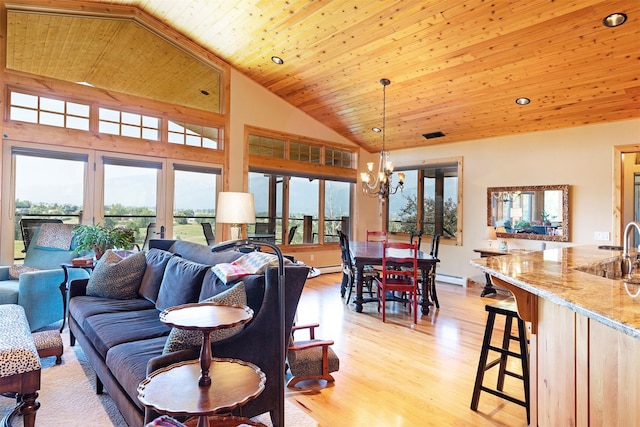 470 Salmon Way, Corvallis, MT 59828 - living area featuring a chandelier, light wood-style floors, wood ceiling, high vaulted ceiling, and a baseboard radiator