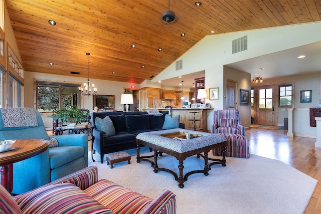 470 Salmon Way, Corvallis, MT 59828 - living area with a chandelier, light wood-type flooring, high vaulted ceiling, baseboards, and wooden ceiling