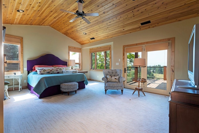470 Salmon Way, Corvallis, MT 59828 - bedroom featuring vaulted ceiling, access to outside, carpet floors, wood ceiling, and a ceiling fan