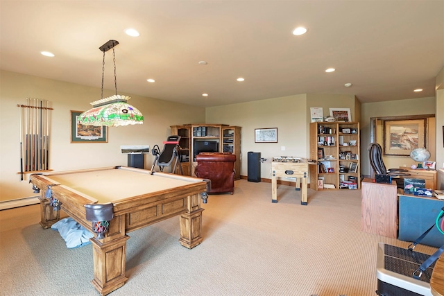470 Salmon Way, Corvallis, MT 59828 - game room featuring recessed lighting, light colored carpet, billiards table, baseboards, and baseboard heating