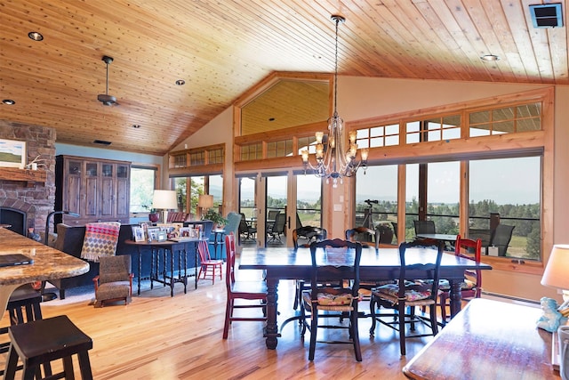 470 Salmon Way, Corvallis, MT 59828 - dining area featuring high vaulted ceiling, wood finished floors, plenty of natural light, wood ceiling, and a stone fireplace