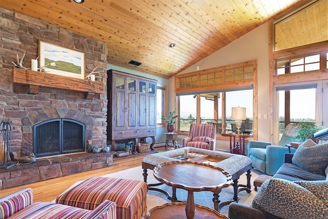 470 Salmon Way, Corvallis, MT 59828 - living area featuring wood finished floors, wood ceiling, a fireplace, and high vaulted ceiling