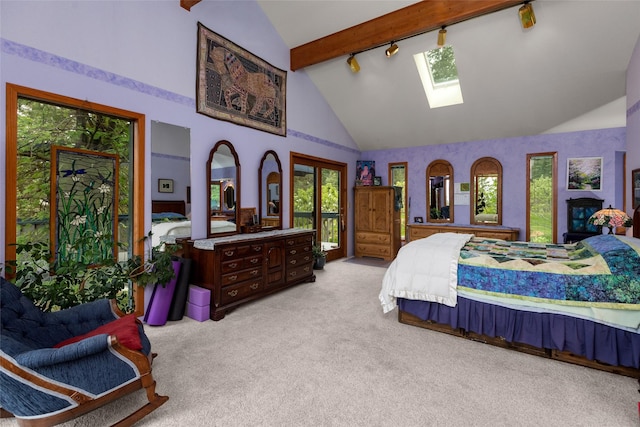 bedroom with light colored carpet, beam ceiling, a skylight, multiple windows, and track lighting