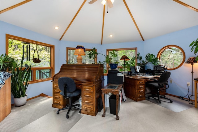 home office featuring carpet floors, baseboards, ceiling fan, and recessed lighting