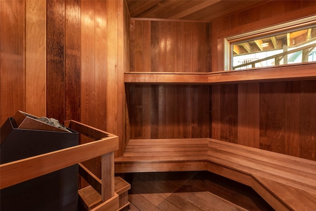 relaxing sauna with wooden walls and wooden ceiling