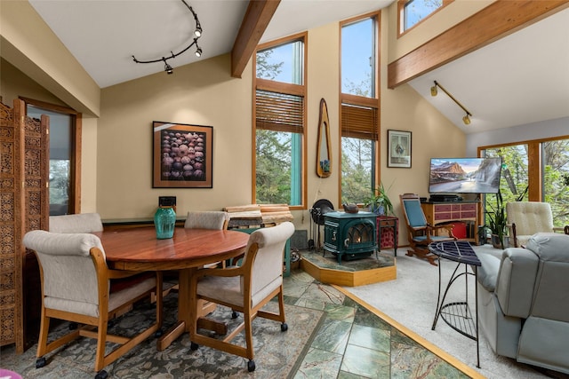 dining room with rail lighting and a wood stove