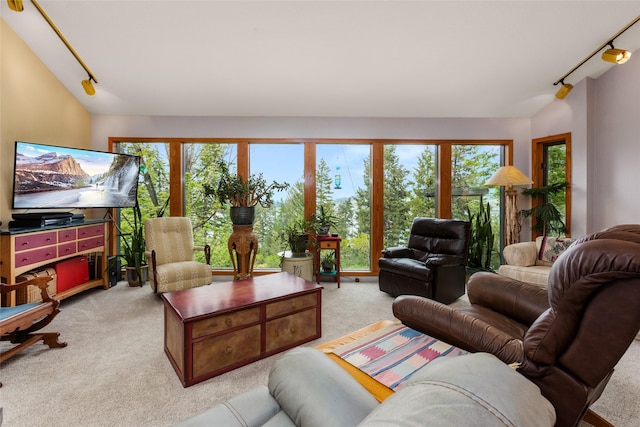 living area featuring track lighting, light colored carpet, healthy amount of natural light, and lofted ceiling