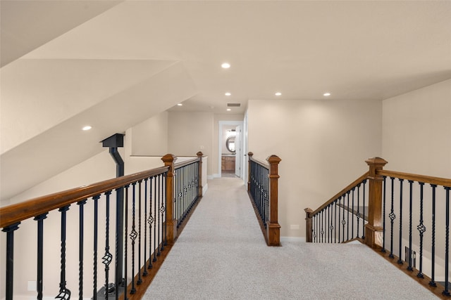 125 Schlegel View Rd, Kalispell, MT 59901 - hall featuring an upstairs landing, recessed lighting, and carpet flooring
