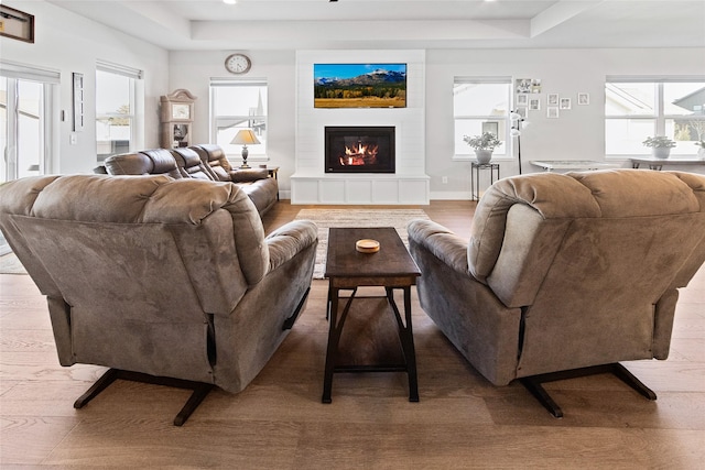 131 Owl Loop, Kalispell, MT 59901 - living room featuring a raised ceiling, a fireplace, wood finished floors, and recessed lighting
