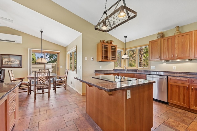 240 Eagle Bend Dr, Bigfork, MT 59911 - kitchen featuring dishwasher, vaulted ceiling, a wall mounted AC, a center island, and glass insert cabinets