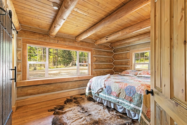 bedroom with rustic walls, wooden ceiling, beam ceiling, and wood finished floors
