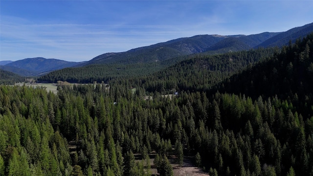 mountain view featuring a heavily wooded area