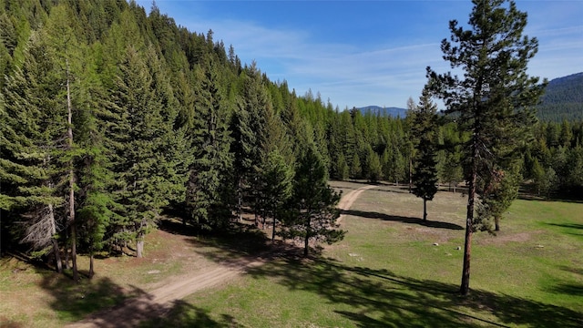 surrounding community with a wooded view, a mountain view, and a lawn