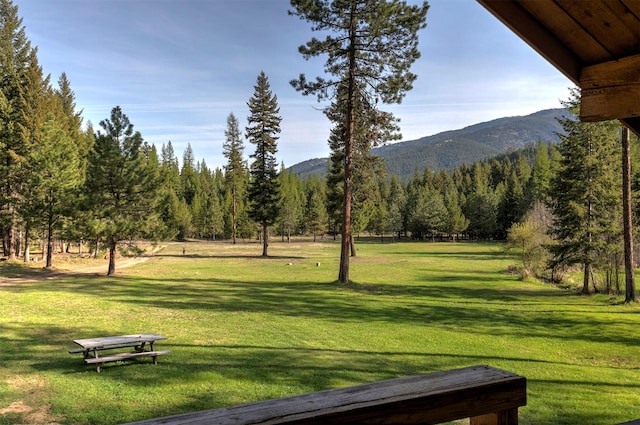surrounding community featuring a mountain view, a yard, and a wooded view