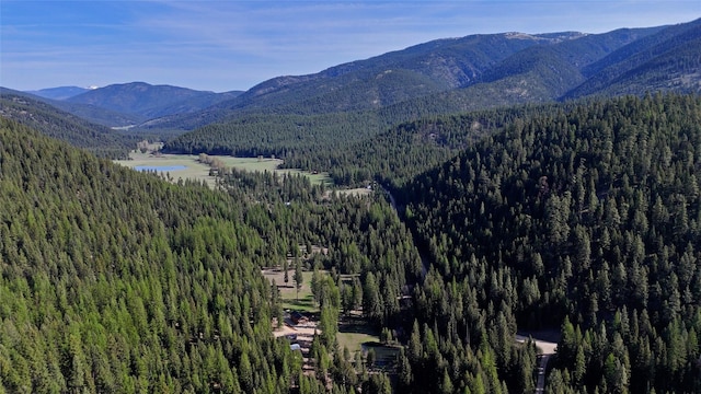 view of mountain backdrop with a forest and a large body of water