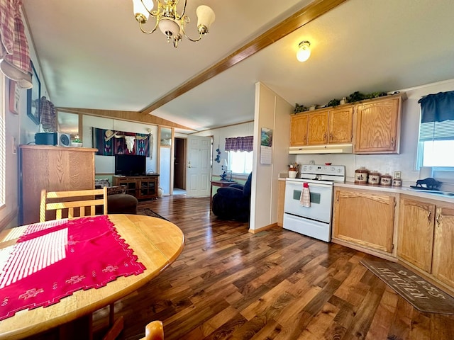 3000 Villard Ave Unit 80, Helena, MT 59601 - kitchen featuring white electric range oven, under cabinet range hood, dark wood-type flooring, a chandelier, and light countertops