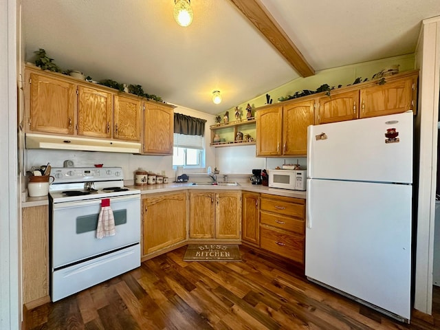 3000 Villard Ave Unit 80, Helena, MT 59601 - kitchen with white appliances, under cabinet range hood, a sink, light countertops, and dark wood-style floors