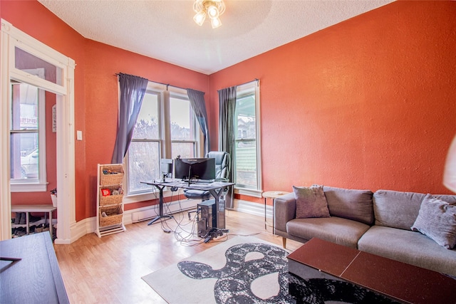 717 W Quartz St, Butte, MT 59701 - office area featuring light wood-style floors, a textured wall, a baseboard radiator, a ceiling fan, and baseboards