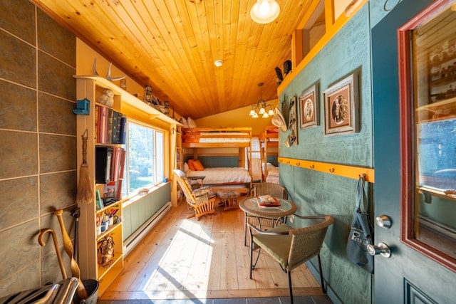 102 Scenery Rd, Libby, MT 59923 - sitting room featuring wood-type flooring, vaulted ceiling, wooden ceiling, and a baseboard radiator