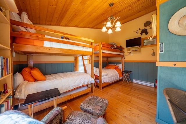 102 Scenery Rd, Libby, MT 59923 - bedroom with baseboard heating, vaulted ceiling, wainscoting, wooden ceiling, and hardwood / wood-style flooring