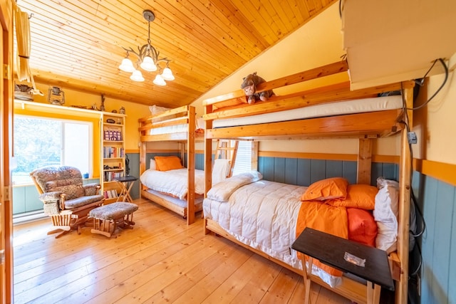 102 Scenery Rd, Libby, MT 59923 - bedroom with multiple windows, lofted ceiling, a chandelier, hardwood / wood-style flooring, and wooden ceiling