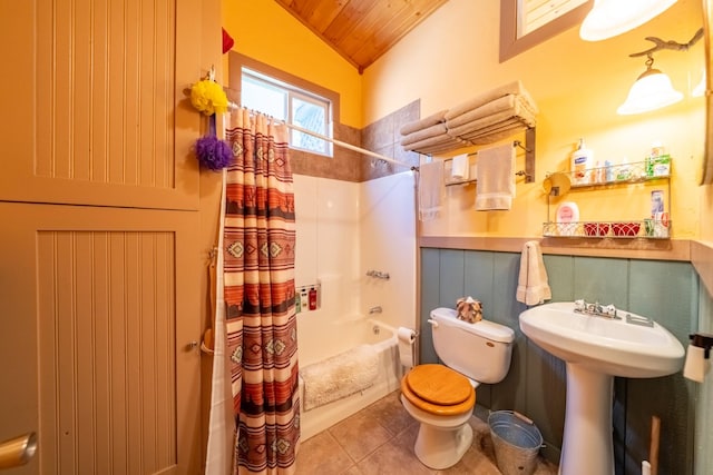 102 Scenery Rd, Libby, MT 59923 - bathroom featuring toilet, wooden ceiling, tile patterned flooring, shower / bathtub combination with curtain, and lofted ceiling