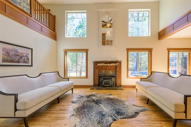10758 Sleeman Creek Rd, Lolo, MT 59847 - living area with a high ceiling, healthy amount of natural light, wood finished floors, and baseboards