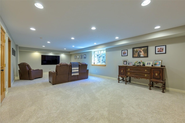 10758 Sleeman Creek Rd, Lolo, MT 59847 - living area featuring light colored carpet, baseboards, and recessed lighting