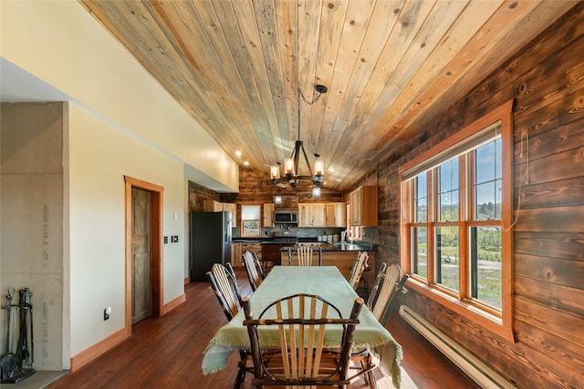 668 Dry Gulch Rd, Stevensville, MT 59870 - dining area with a baseboard radiator, a chandelier, vaulted ceiling, wooden ceiling, and healthy amount of natural light