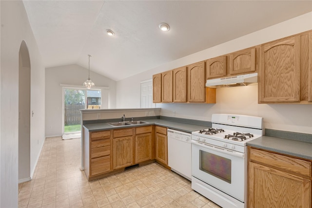 550 Green Tree Dr, Belgrade, MT 59714 - kitchen with white appliances, under cabinet range hood, vaulted ceiling, a sink, and a peninsula